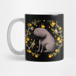 Goblincore Aesthetic Capybara Chilling With Orange on Head | Cottagecore Capy Yuzu Citrus Fruit Blossom Flowers Meditating - Dreamcore Fairytale Mycology Fungi Shrooms Forager Foraging Pet Mat Bandata Mug